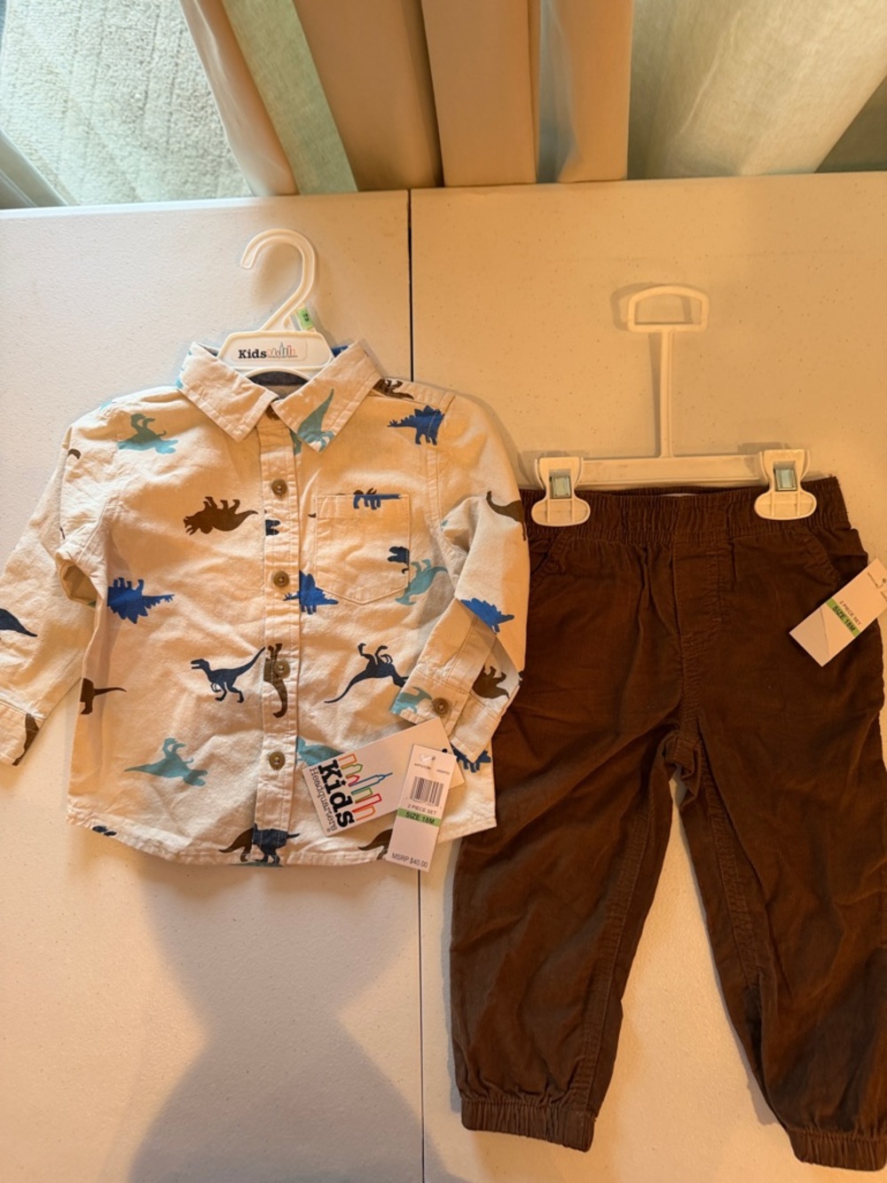 Dinosaur  Button-Down Shirt in Cream & Brown pants  NEW w/Tags size 18 months
